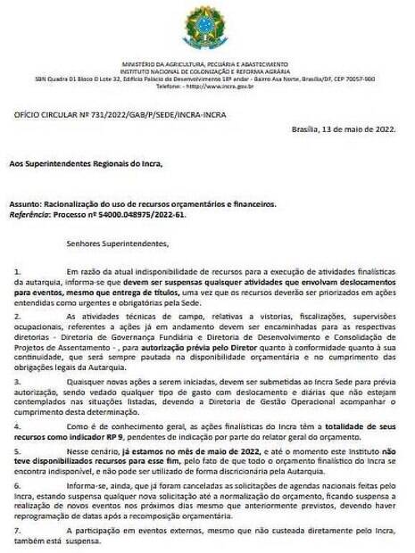 Ofício em que o Incra manda suspender atividades no governo Bolsonaro por falta de verba