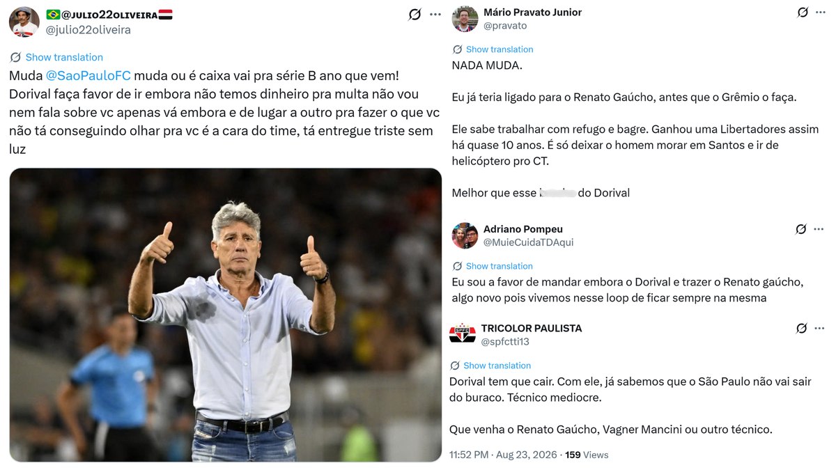 Torcida são-paulina lota as redes sociais com comentários pedindo uma mudança no comando técnico da equipe