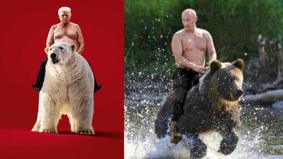Imagem faz referência a montagem que viralizou de Putin montando um urso Imagem faz referência a montagem que viralizou de Putin montando um urso