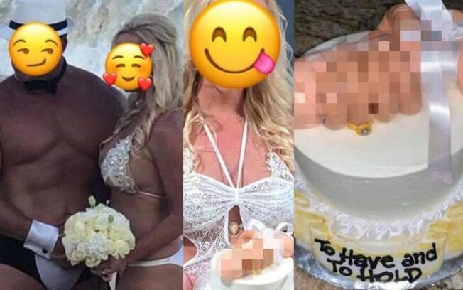 As fotos dos noivos usando sunga e biquíni e do bolo viralizaram no Reddit 