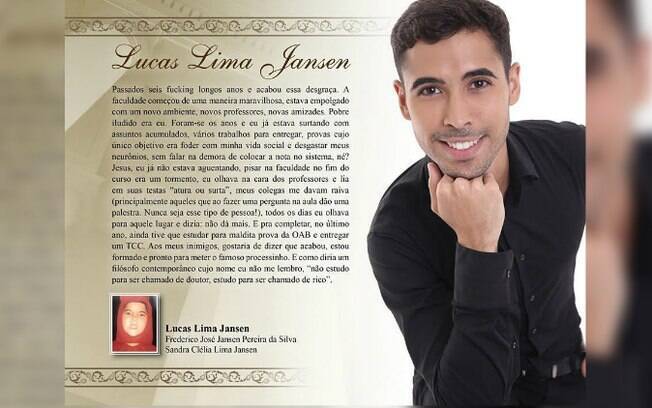 Convite de formatura do estudante de Direito Lucas Lima Jansen viralizou nas redes sociais pela sinceridade