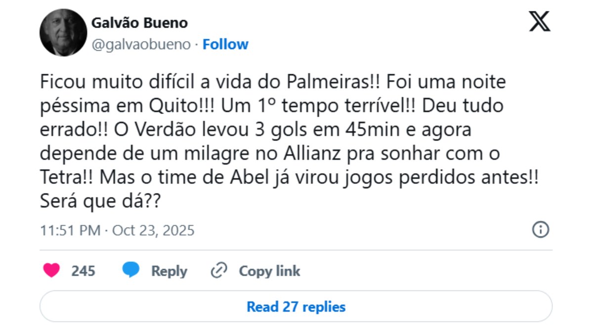 Galvão repercute derrota do Palmeiras para LDU Galvão repercute derrota do Palmeiras para LDU