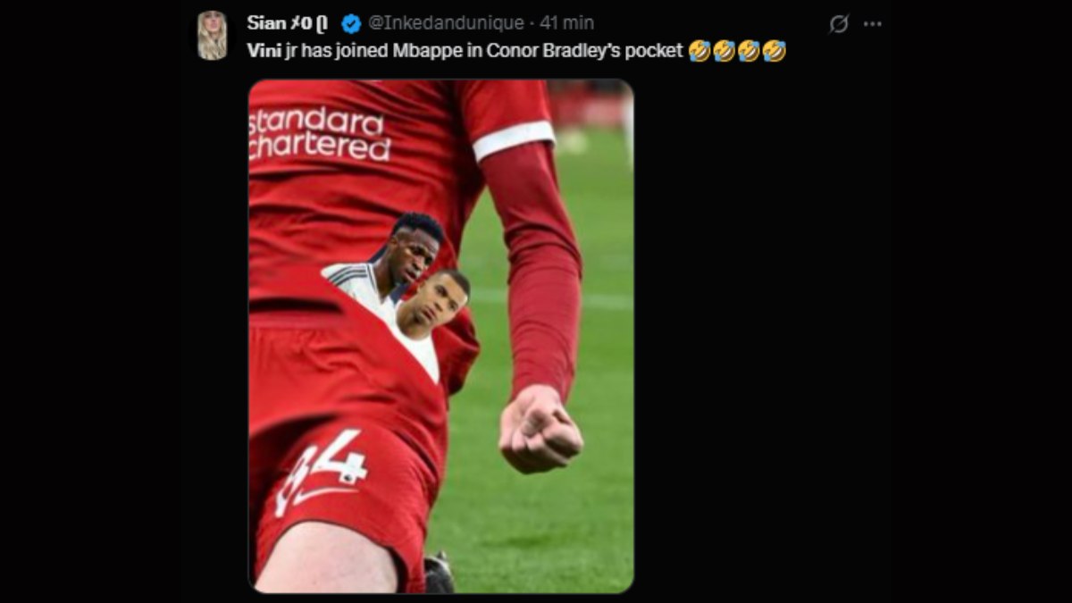 Torcedores brincam com Mbappé e Vini Jr. no bolso de Conor Bradley