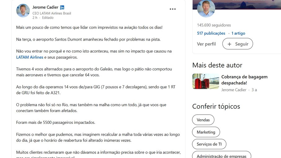Trecho do post do CEO da Latam no .Linkedin