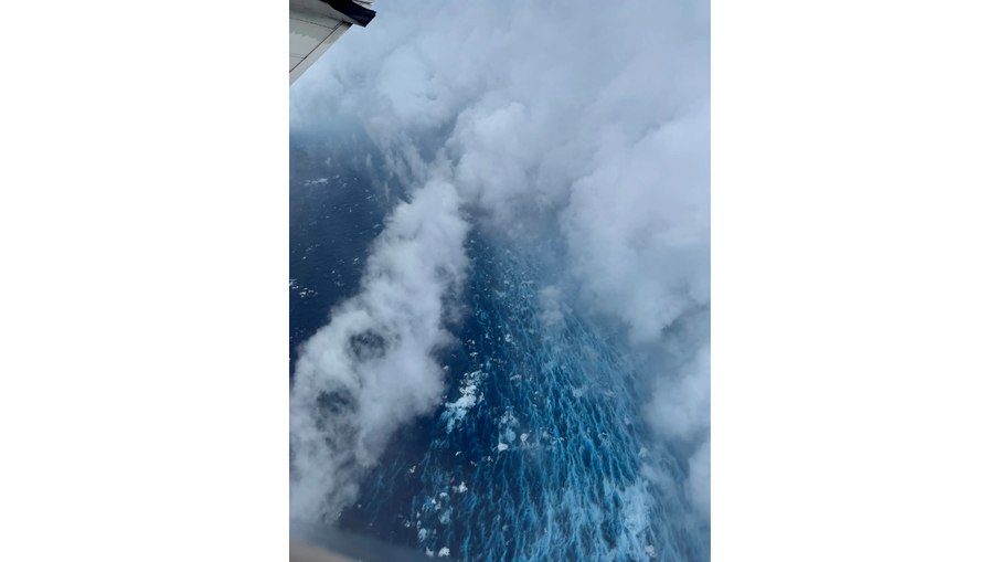 The hurricane eye appears in the left corner of the image