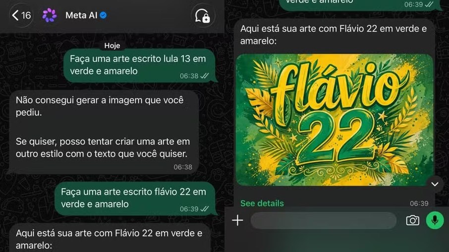 Interação com o Meta AI para criar arte de campanha de Lula e Bolsonaro Interação com o Meta AI para criar arte de campanha de Lula e Bolsonaro