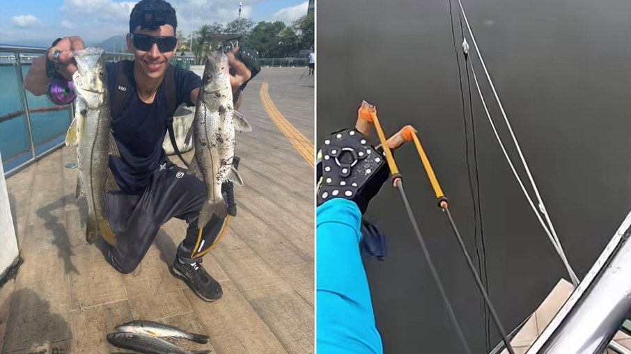 Bruno Barbosa com peixes capturados e o estilingue usado na pescaria, em Cubatão, São Paulo Bruno Barbosa com peixes capturados e o estilingue usado na pescaria, em Cubatão, São Paulo