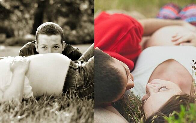 Foto feita para anunciar a gravidez pode ser feita com um clima bem romântico entre os futuros papai e mamãe