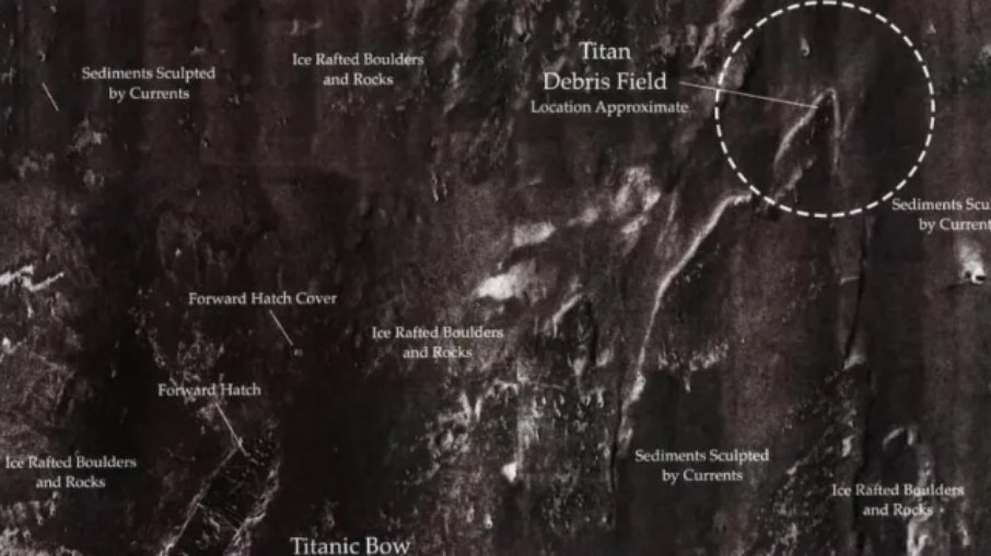 Mapa mostra distância onde destroços do Titan foram encontrados até o Titanic