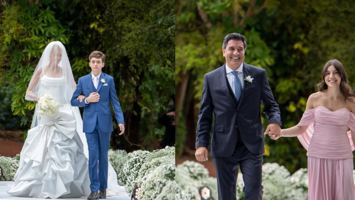 Ana Hickmann subiu ao altar com o filho, Alezinho, enquanto Edu Guedes chegou acompanhado da filha, Maria.