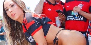 De biquíni fio-dental, Mulher Melão comemora títulos do Flamengo
