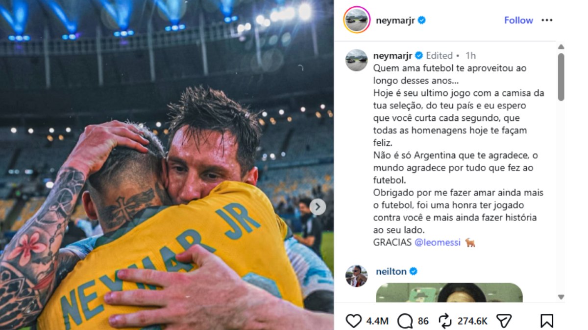 Recado de Neymar a Messi antes de despedida pela Argentina Recado de Neymar a Messi antes de despedida pela Argentina