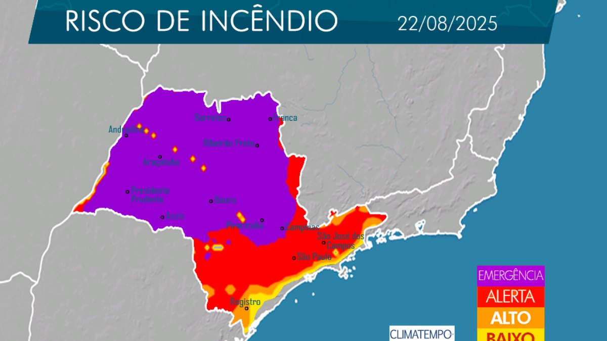 Mapa do Fogo com risco de incêndio para 22 de agosto