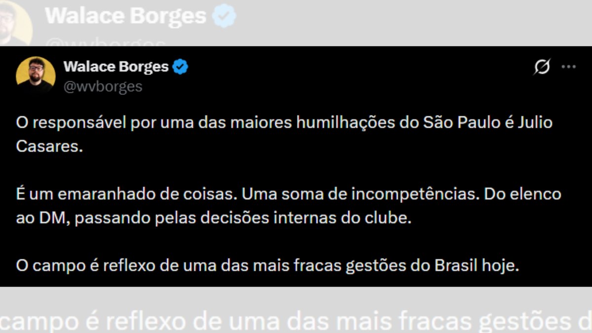 Walace Borges detona presidente do So Paulo aps goleada do Flu