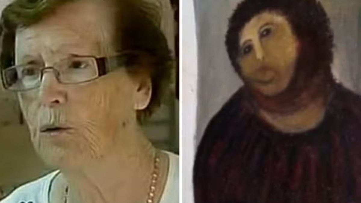 Cecilia Giménez e a obra de arte restaurada por ela em 2012 Cecilia Giménez e a obra de arte restaurada por ela em 2012