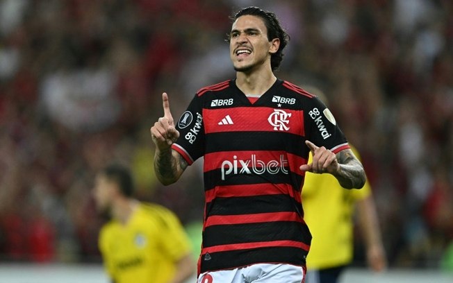 O atacante Pedro, do Flamengo, comemora após marcar um gol na partida contra o Millonarios da Colômbia, no Maracanã, no Rio de Janeiro, em 28 de maio de 2024.