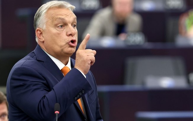 Primeiro-ministro húngaro, Viktor Orban, durante a apresentação da Hungria para sua presidência semestral da UE em 9 de outubro de 2024 em Estrasburgo, sede do Parlamento Europeu