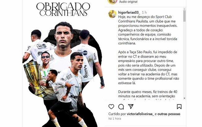 Higor Farias encerrou a sua passagem com a camisa do Corinthians