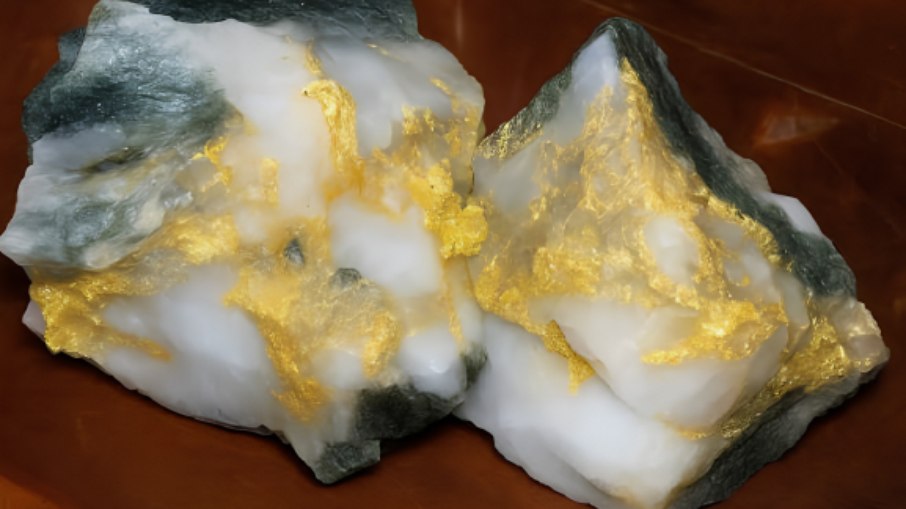 Veios de ouro encrustados em quartzo branco