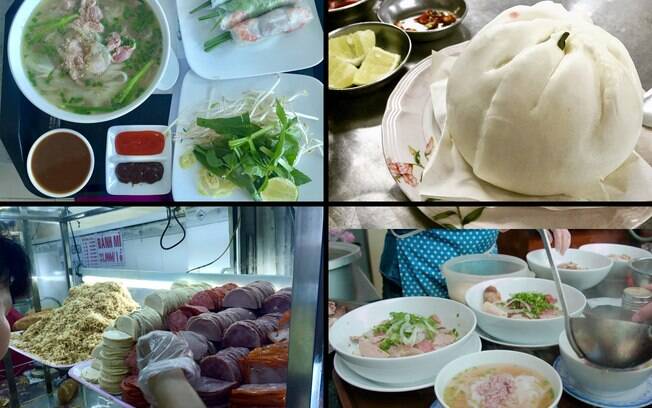 Os pratos que experimentamos no Vietnã. Da esquerda superior pra direita inferior: Summer roll e Phó, Dumpling, Banh Mi e o Phó sendo preparado