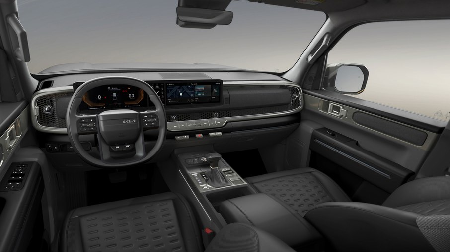 Cabine da Kia Tasman aposta em amplo painel horizontal e conjunto digital com 29,6 polegadas de telas.