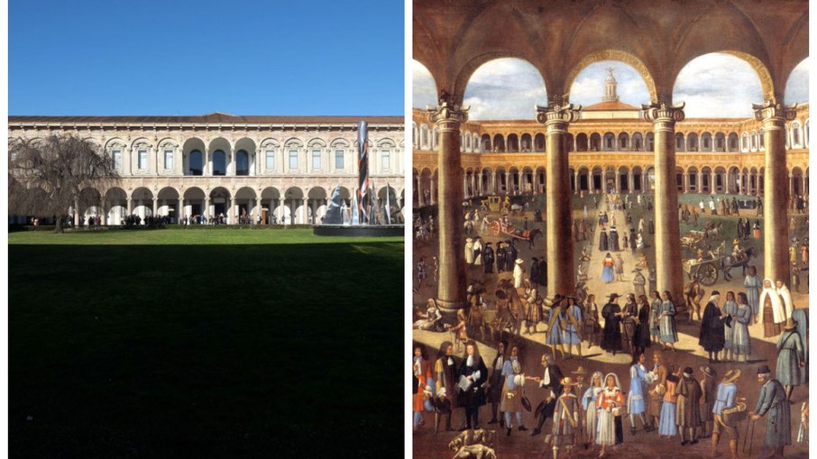 Ospedale Maggiore atualmente, à esquerda; e uma pintura anônima do século XVII, mostra seu pátio repleto de pacientes, equipe médica e visitantes, à direita.