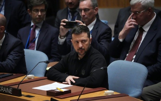 O Presidente da Ucrânia, Volodimir Zelensky, em 24 de setembro de 2024 em reunião no Conselho de Segurança da ONU, em Nova York, sobre o conflito com a Rússia