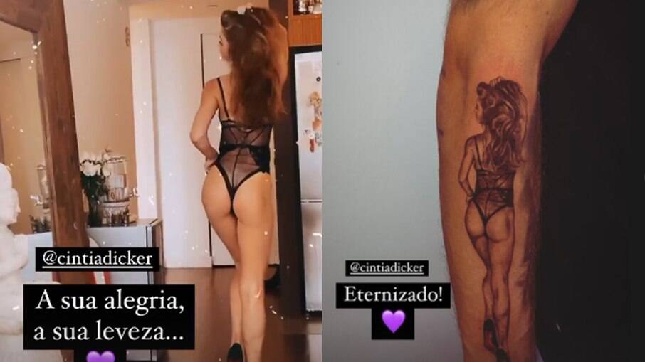 Cintia Dicker de lingerie: Pedro Scooby inova em tatoo