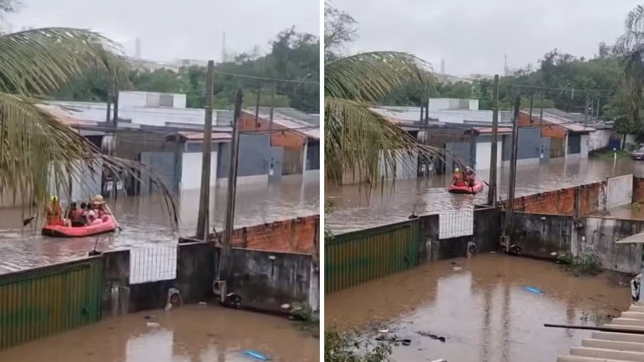Bombeiros utilizam bote para resgatar moradores que ficaram ilhados após alagamento em Sumaré (SP)