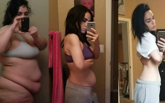 Ashley mostra a evolução ao longo do processo de perder peso. Em 14 meses, ela saiu dos 130 kg e conseguiu perder 63,5 kg 