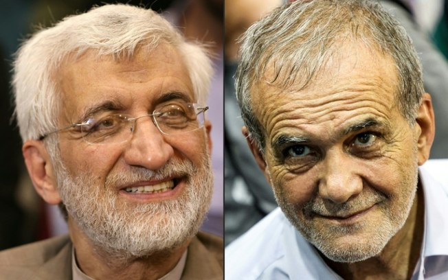 Os candidatos à presidência do Irã, Said Jalili (à esquerda) em 22 de junho de 2024 em um evento de campanha em Teerã, e Masud Pezeshkian em outro evento de campanha em Teerã em 23 de junho de 2024
