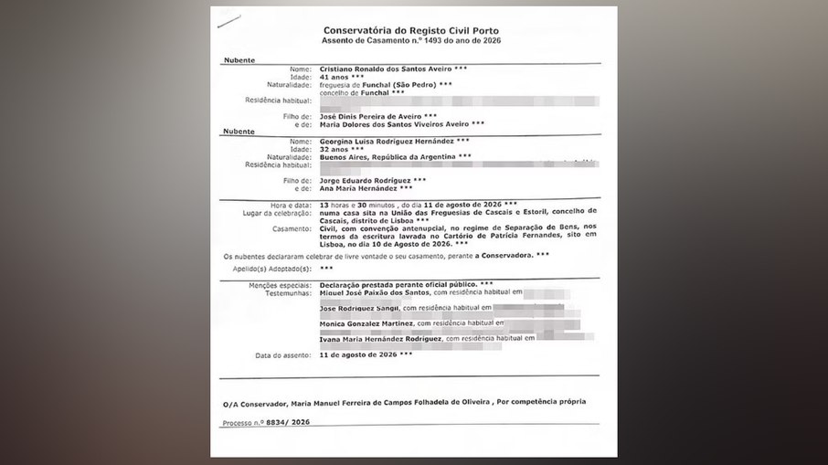 A certidão de casamento de Cristiano Ronaldo e Georgina Rodríguez.