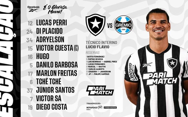 Botafogo escalado para enfrentar o Grêmio, em São Januário