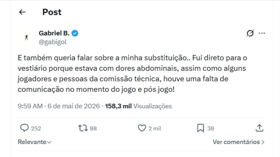 Gabigol se explicou pelas redes sociais sobre a ida ao vestiário