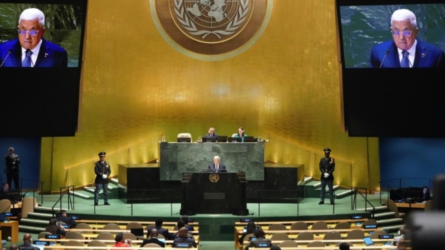 O presidente da Autoridade Palestina, Mahmoud Abbas, discursa na 78ª Assembleia Geral das Nações Unidas 