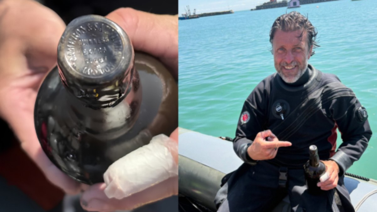 Stefan Panis encontrou garrafa da cerveja Guinness intacta em naufrágio no Canal da Mancha Stefan Panis encontrou garrafa da cerveja Guinness intacta em naufrágio no Canal da Mancha