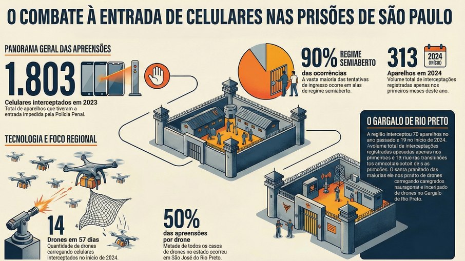 No ano passado, a Polícia Penal impediu que 1.803 celulares chegassem às mãos de presos no estado de São Paulo No ano passado, a Polícia Penal impediu que 1.803 celulares chegassem às mãos de presos no estado de São Paulo