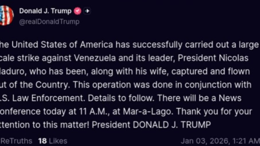 Donald Trump afirma que Nicolás Maduro foi capturado após ataque