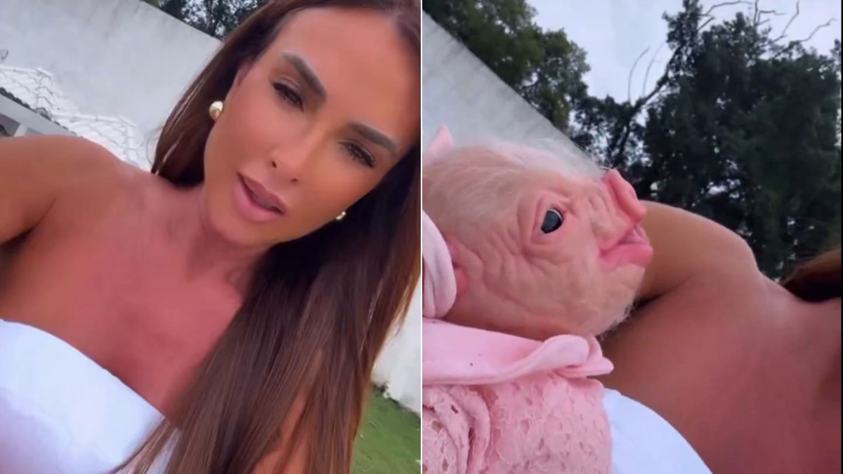 Nicole Bahls com um bebê reborn de porco Nicole Bahls com um bebê reborn de porco