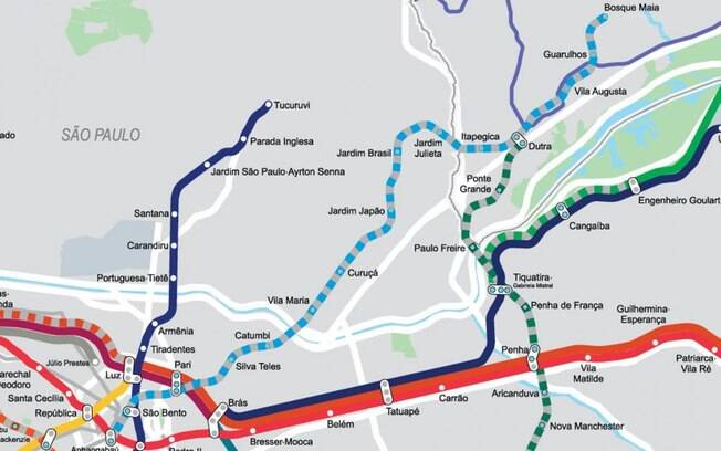 Traçado da Linha 19-Celeste em sua primeira fase, interligando Guarulhos e o centro de São Paulo.