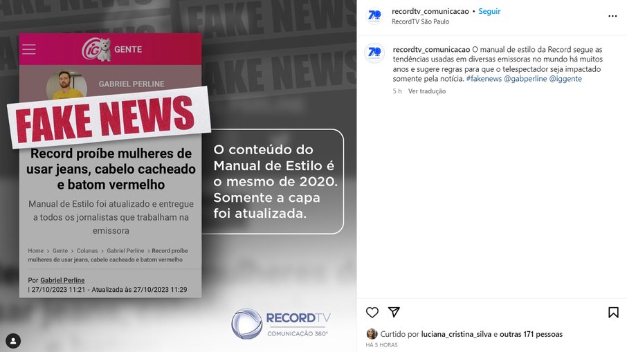 Publicação da assessoria de imprensa da Record acusa iG de fake news