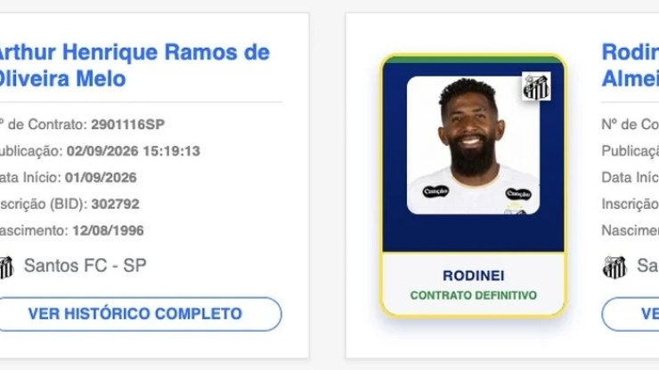 Rodinei e Arthur são registrados no BID e podem estrear pelo Santos