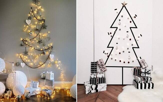 Se você não tem espaço para uma árvore de Natal, pode 'montar' uma usando fita adesiva e enfeites na parede
