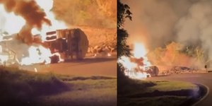 Caminhão tomba, pega fogo e interdita completamente a Via Dutra