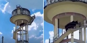 Vídeo flagra touro escalando caixa d’água de 18 metros