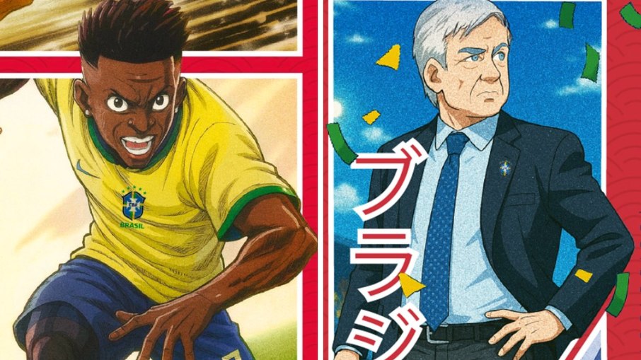 Vini Jr e Carlo Ancelotti em arte inspirada em anime publicado pela CBF Vini Jr e Carlo Ancelotti em arte inspirada em anime publicado pela CBF