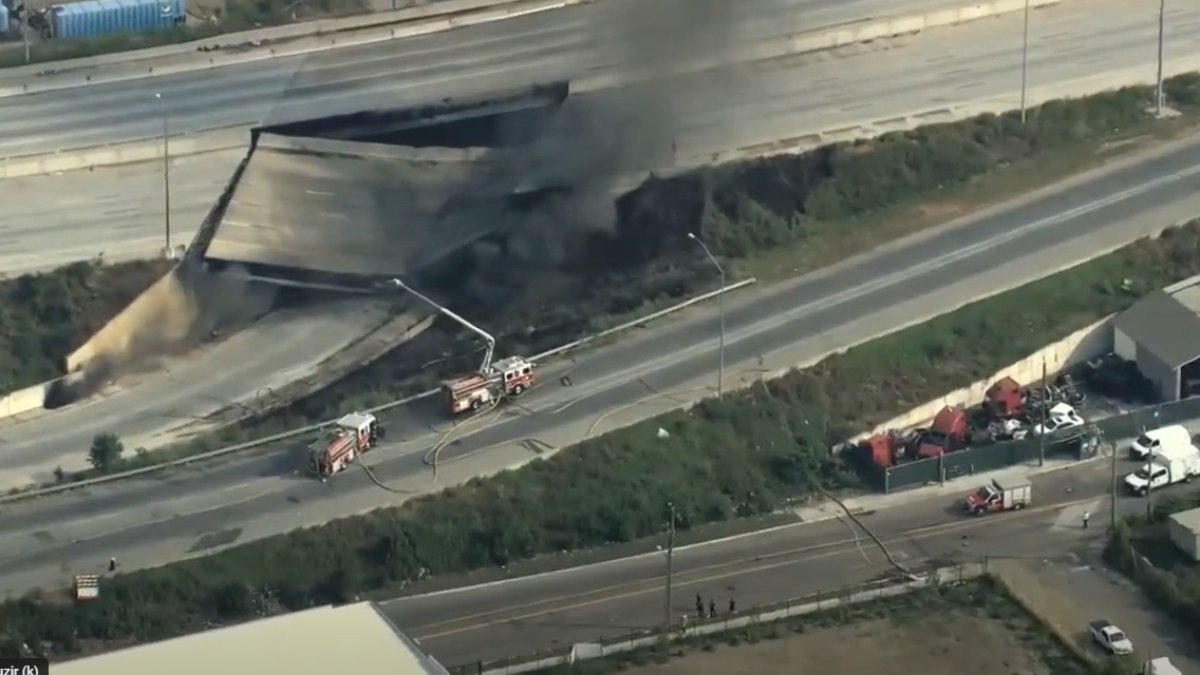 Caminhão pega fogo e viaduto desaba na Filadélfia