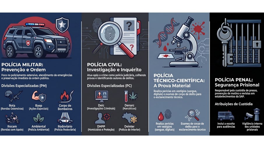 A estrutura operacional divide-se em Polícia Militar, Polícia Civil, Polícia Técnico-Científica e Polícia Penal. A estrutura operacional divide-se em Polícia Militar, Polícia Civil, Polícia Técnico-Científica e Polícia Penal.