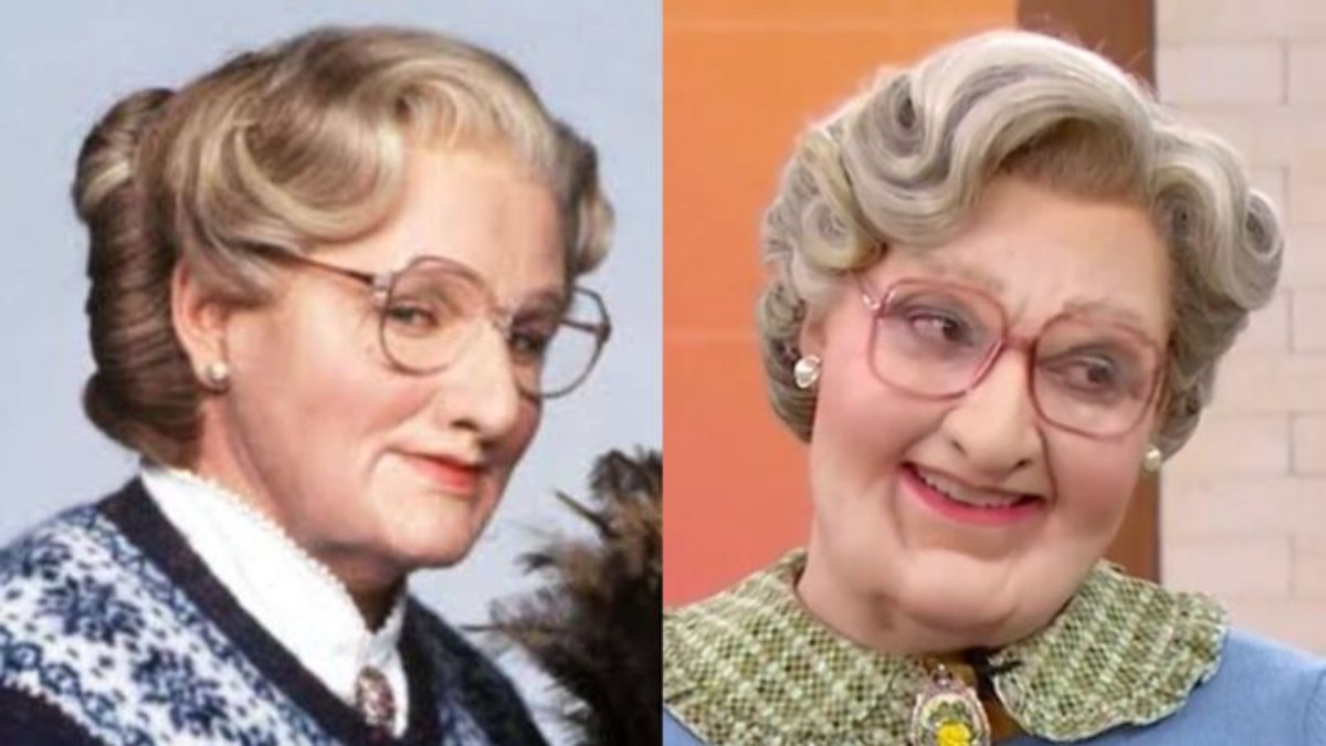 Robin Williams e Eduardo Sterblitch caracterizados da mesma personagem: Euphgenia Doubtfire