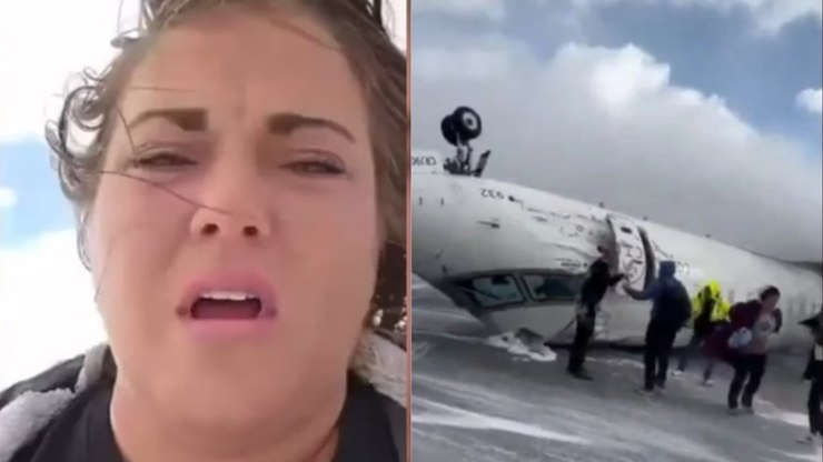 Passageira grava vídeo dentro de avião que capotou no Canadá